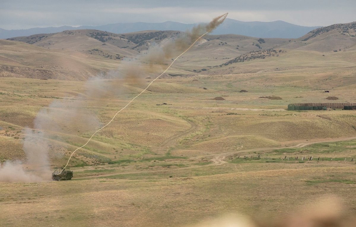 U.S. Army combat engineers fire an M58 Mine Clearing Line Charge to clear an obstacle during the combined live-fire exercise at Vaziani Training Area, Georgia