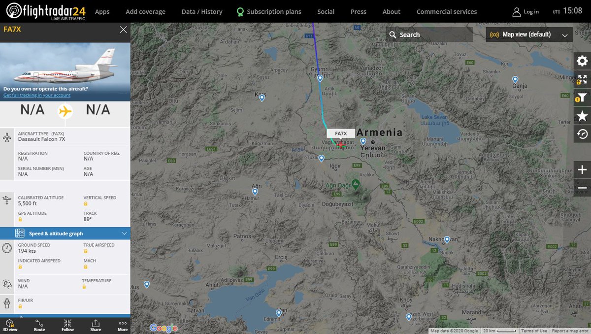 Dassault Falcon 7X 9H-ZSN from Moscow descending for Yerevan Armenia