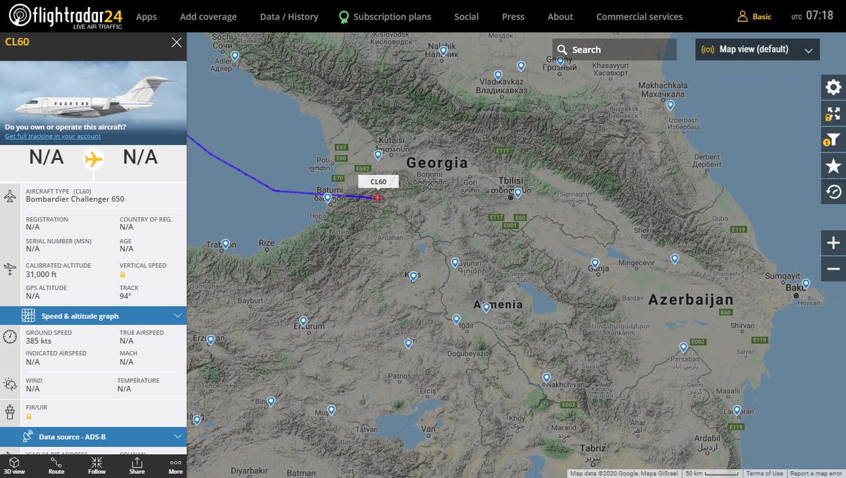 US Army (Lasai) Bombardier Challenger 605 ARTEMIS N488CR BRIO01 ISR mission over Georgia monitoring the conflict between Armenia and Azerbaijan