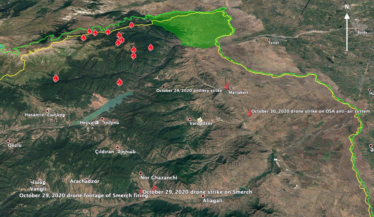 Looking at fire data from @sentinel_hub , it looks like Azerbaijan is dropping incendiaries on forests, where Armenians have likely retreated to take cover from drones and launch ambushes on Azerbaijani columns; Azerbaijan have also dropped them on villages, burning Çağadüz