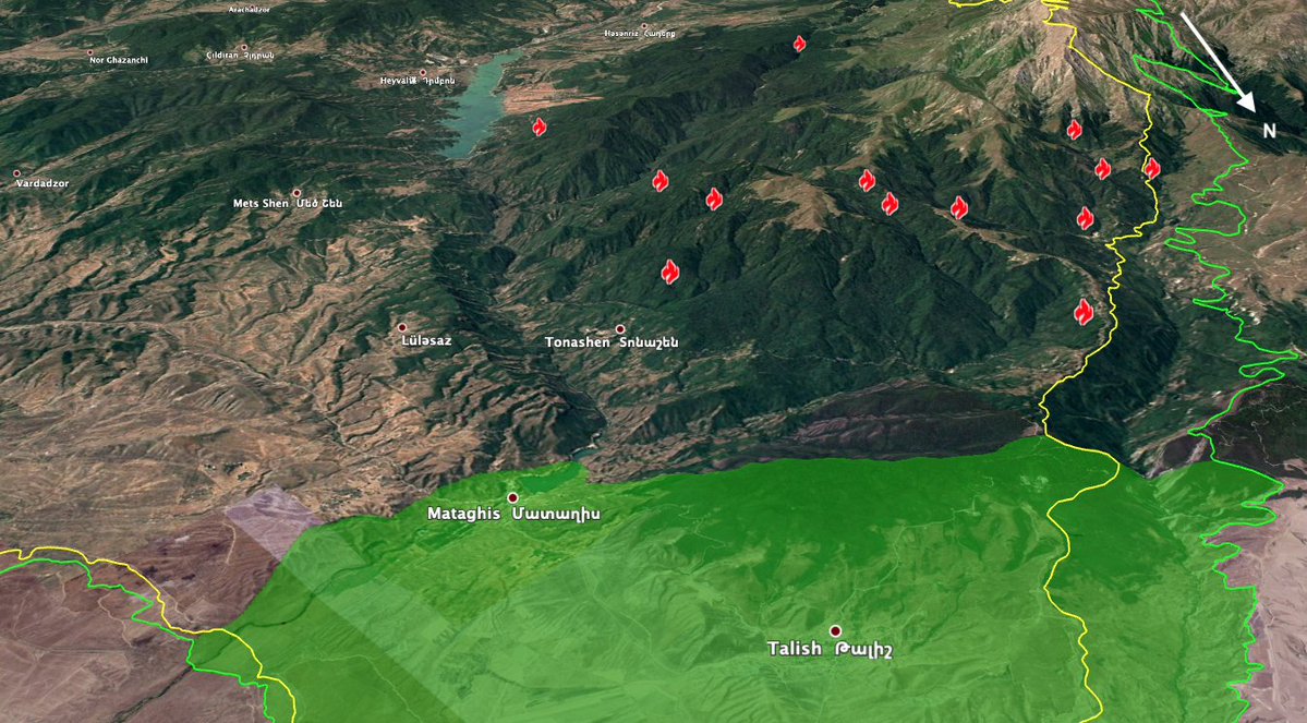 Looking at fire data from @sentinel_hub , it looks like Azerbaijan is dropping incendiaries on forests, where Armenians have likely retreated to take cover from drones and launch ambushes on Azerbaijani columns; Azerbaijan have also dropped them on villages, burning Çağadüz