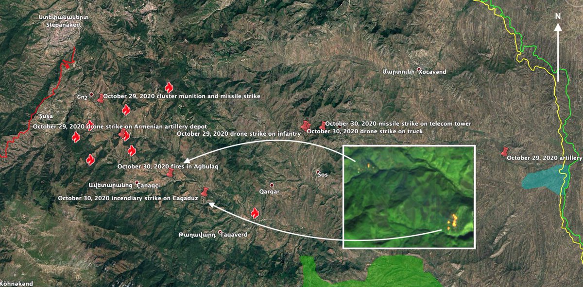 Looking at fire data from @sentinel_hub , it looks like Azerbaijan is dropping incendiaries on forests, where Armenians have likely retreated to take cover from drones and launch ambushes on Azerbaijani columns; Azerbaijan have also dropped them on villages, burning Çağadüz