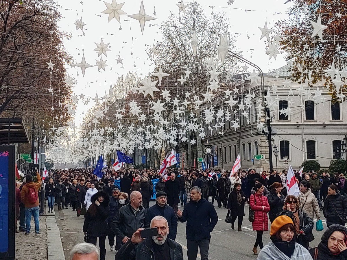 Tbilisi now, thousands march down Rustaveli Avenue to Tavisupleba (Liberty Square) celebrating Georgia's EU candidate status