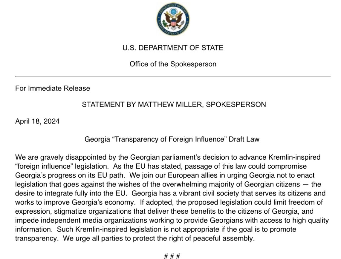 U.S. Statement on Georgia Transparency of Foreign Influence Draft Law.  We are gravely disappointed by the Georgian parliament's decision to advance Kremlin-inspired foreign influence legislation