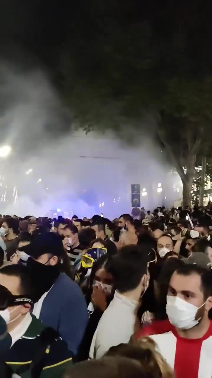 Georgian media reports indicate that protesters sustained a head injury from rubber bullets. Tear gas and pepper spray were deployed. People at Rustaveli seek refuge; however, the crowd will regroup shortly