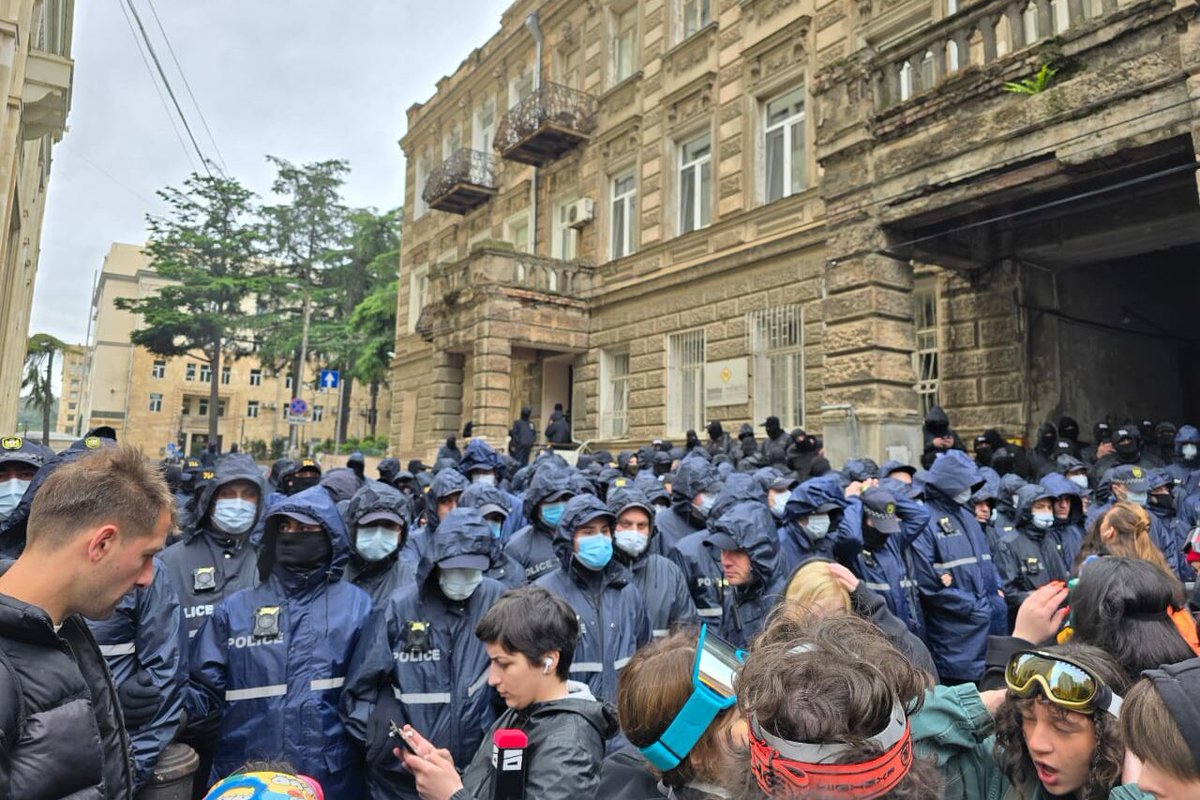 Riot police buses, water cannons, and police are gathered on Liberty Square, before Georgia’s foreign agent law goes to its final vote in less than an hour. Police have blocked protesters from accessing the back entrance of parliament.