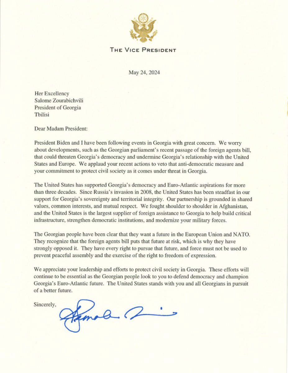 Vice President Kamala Harris, also on behalf of President Biden, addressed President @Zourabichvili_S  to express support for the people of Georgia as well as to underline and compliment the President’s role in this struggle