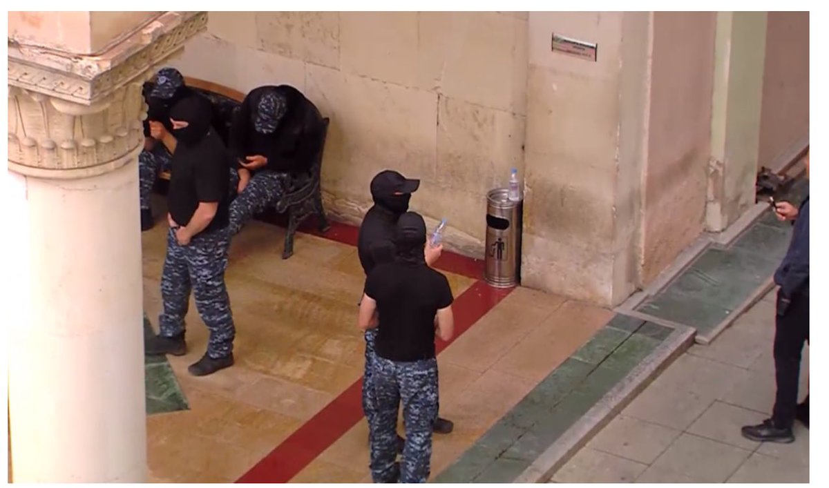 Presumably, the Special Task Force of the Ministry of Interior, without police insignia, has been mobilized inside the Parliament as MPs discuss overriding the President's veto of the foreign agents law