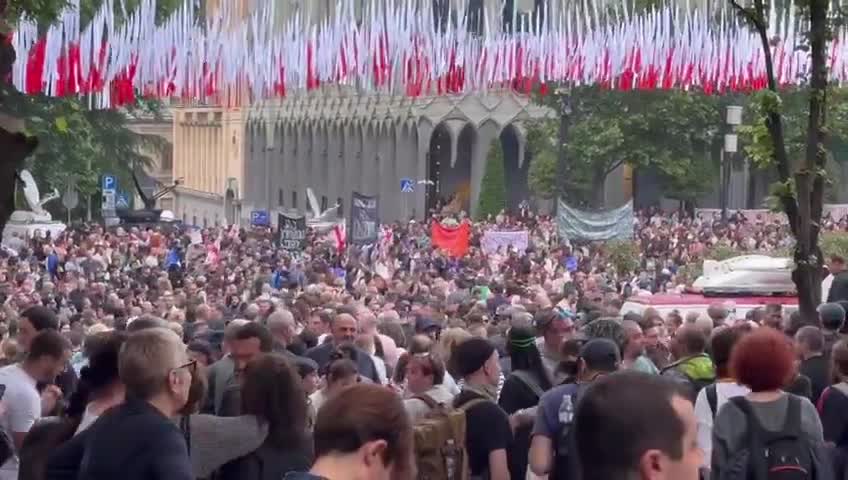 A massive crowd of protesters gathered after the ruling party overrode the president's veto to adopt the Foreign Agents Law