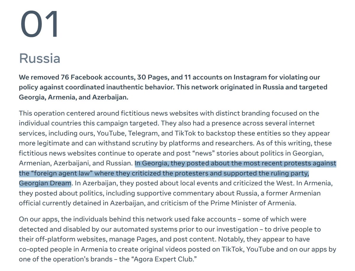 @Meta took down a Russian-led network of coordinated inauthentic behavior targeting Georgia, Armenia and Azerbaijan. In Georgia, they criticised protests against the foreign agent law and backed the ruling Georgian Dream party