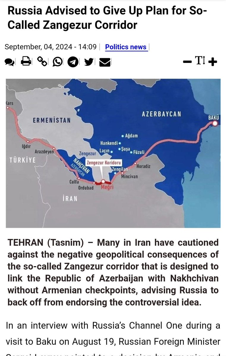 Semioficial @Tasnimnews_EN: A Rússia foi aconselhada a evitar tomar medidas que possam prejudicar as relações estratégicas entre Rússia e Irã, porque a ideia do corredor de Zangezur criará um novo ponto crítico perto das fronteiras muito delicadas do noroeste do Irã.