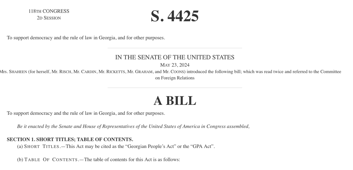 Der Ausschuss für Auswärtige Angelegenheiten des Senats wird sich voraussichtlich in wenigen Tagen mit dem Gesetz S. 4425, dem Georgian People's Act, befassen. Es wird nächsten Mittwoch verabschiedet und soll innerhalb weniger Wochen diskutiert/abgestimmt werden, berichten Quellen im Senat.