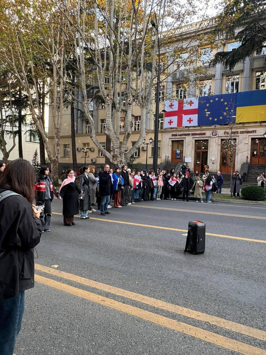 Simultáneamente con la protesta en la calle Melikishvili, los estudiantes de la Universidad Estatal de Ilia bloquearon nuevamente la avenida Chavchavadze.