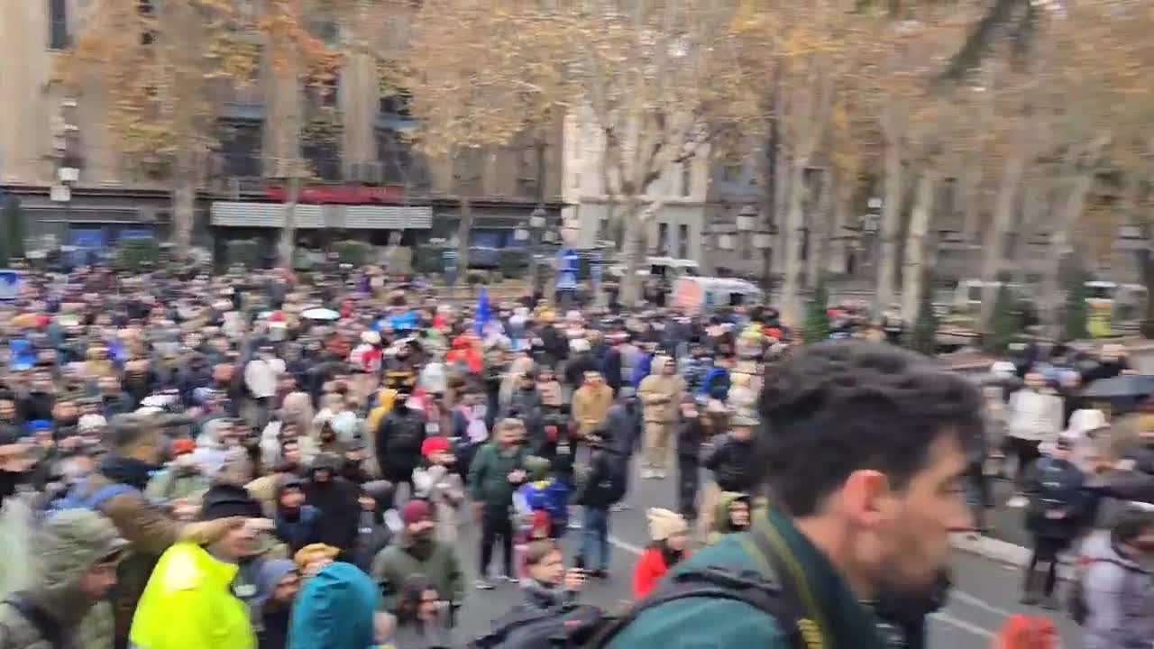 Police are blocking the side streets around the Georgian parliament building to prevent protesters from surrounding it. Riot police are deployed nearby as well as on Freedom Square