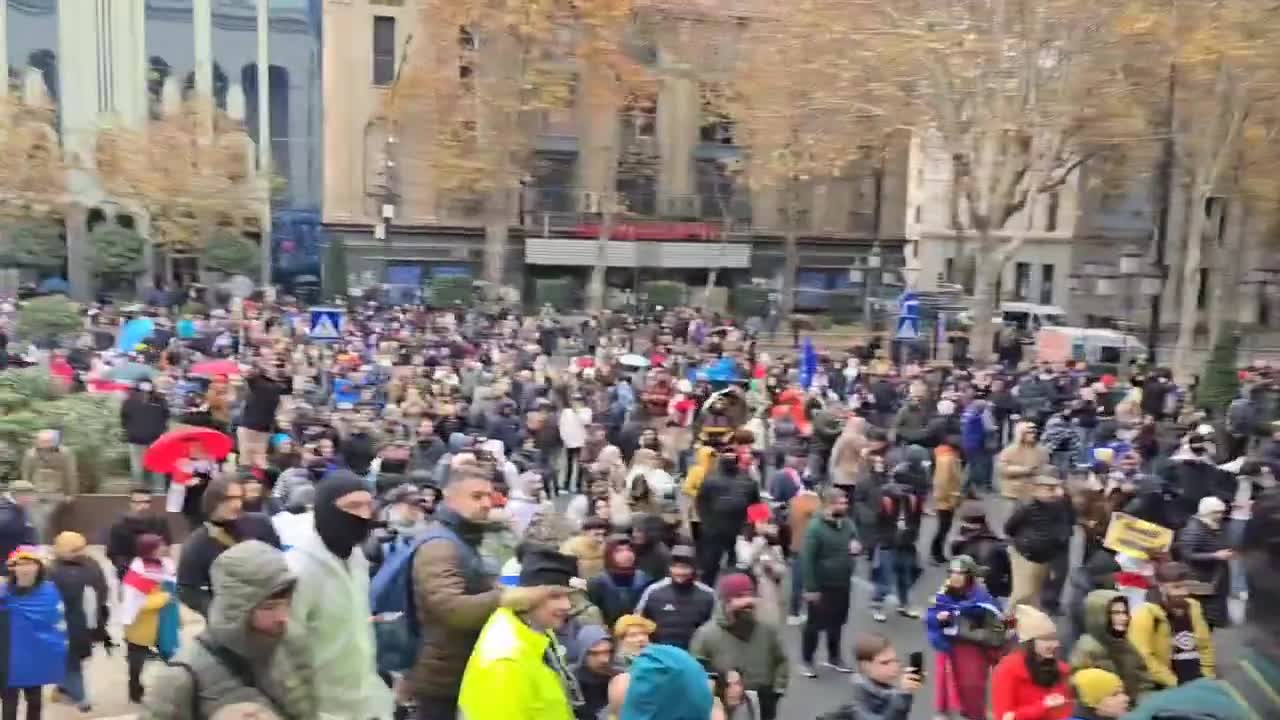 Police are blocking the side streets around the Georgian parliament building to prevent protesters from surrounding it. Riot police are deployed nearby as well as on Freedom Square