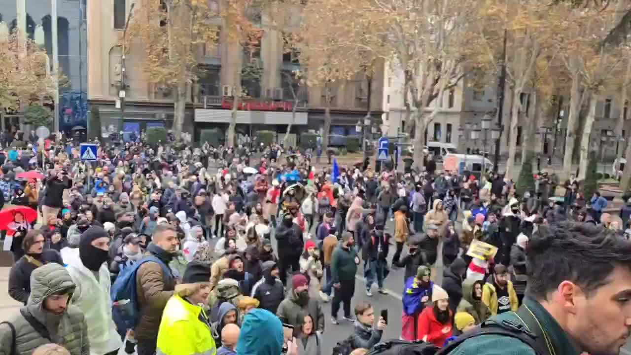 Police are blocking the side streets around the Georgian parliament building to prevent protesters from surrounding it. Riot police are deployed nearby as well as on Freedom Square