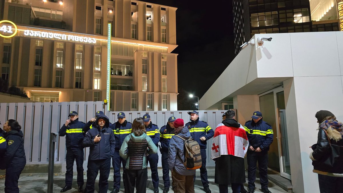 To protest the cancellation of membership negotiations with the European Union, some citizens are gathering at the office of 'Georgian Dream,' while others are gathering at Parliament. Police have mobilized