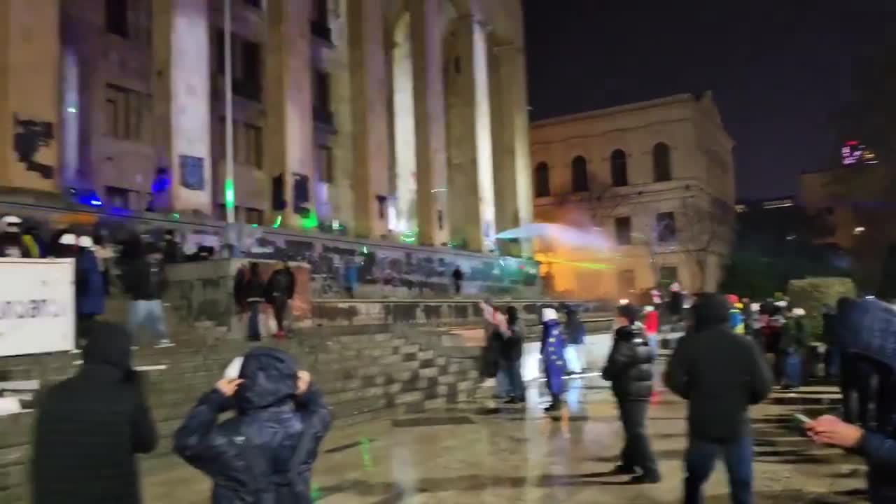 Police again started using water from firetrucks against protesters. Returning Abkhazia lies within Euro intergration ,banner says