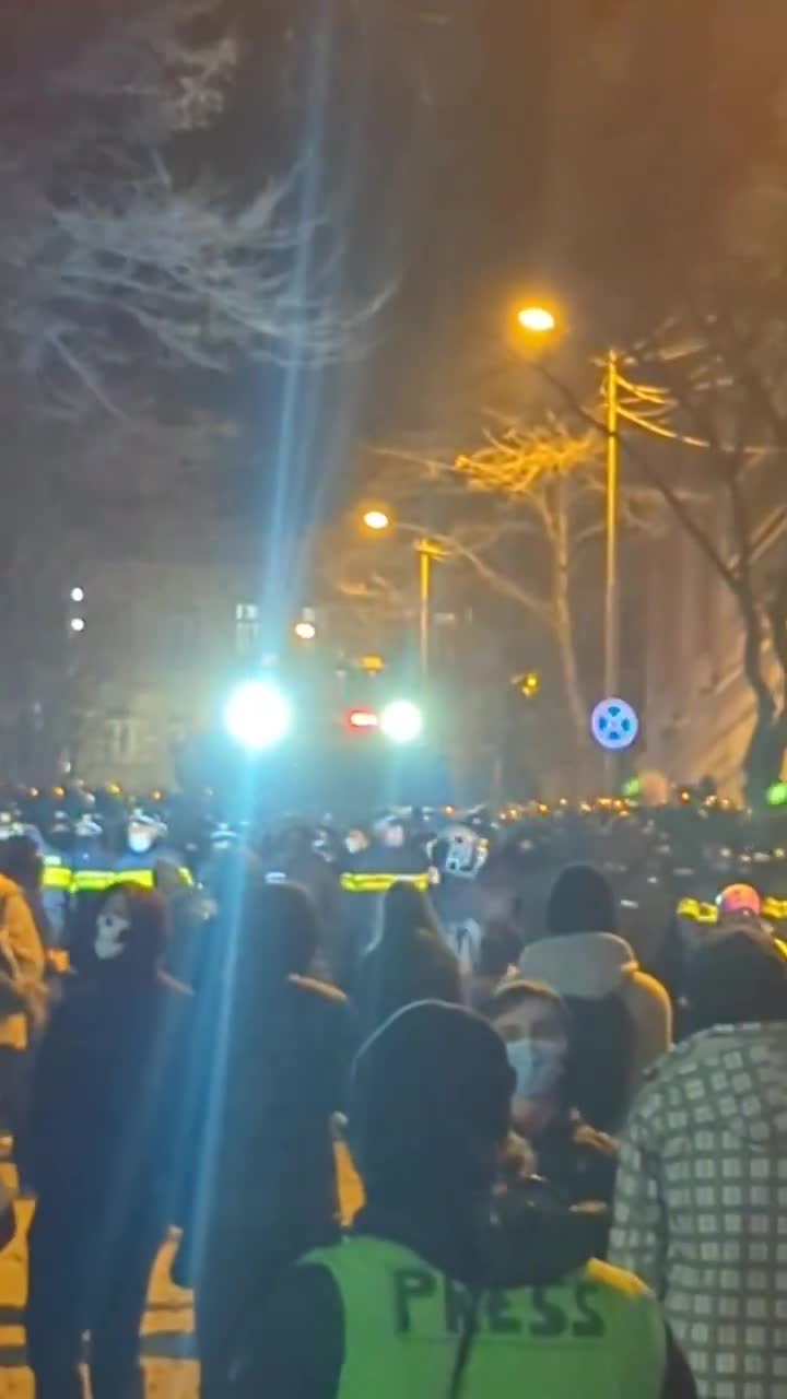 Una unidad de la policía antidisturbios y un cañón de agua aparecen en la calle Chichinadze, cerca del parlamento. Todavía no hay avisos de dispersión. Mientras tanto, los manifestantes formaron grupos de patrullaje voluntarios para proteger a los ciudadanos de los matones pro gubernamentales.