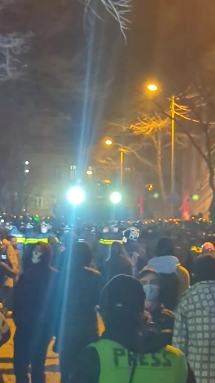 Una unidad de la policía antidisturbios y un cañón de agua aparecen en la calle Chichinadze, cerca del parlamento. Todavía no hay avisos de dispersión. Mientras tanto, los manifestantes formaron grupos de patrullaje voluntarios para proteger a los ciudadanos de los matones pro gubernamentales.