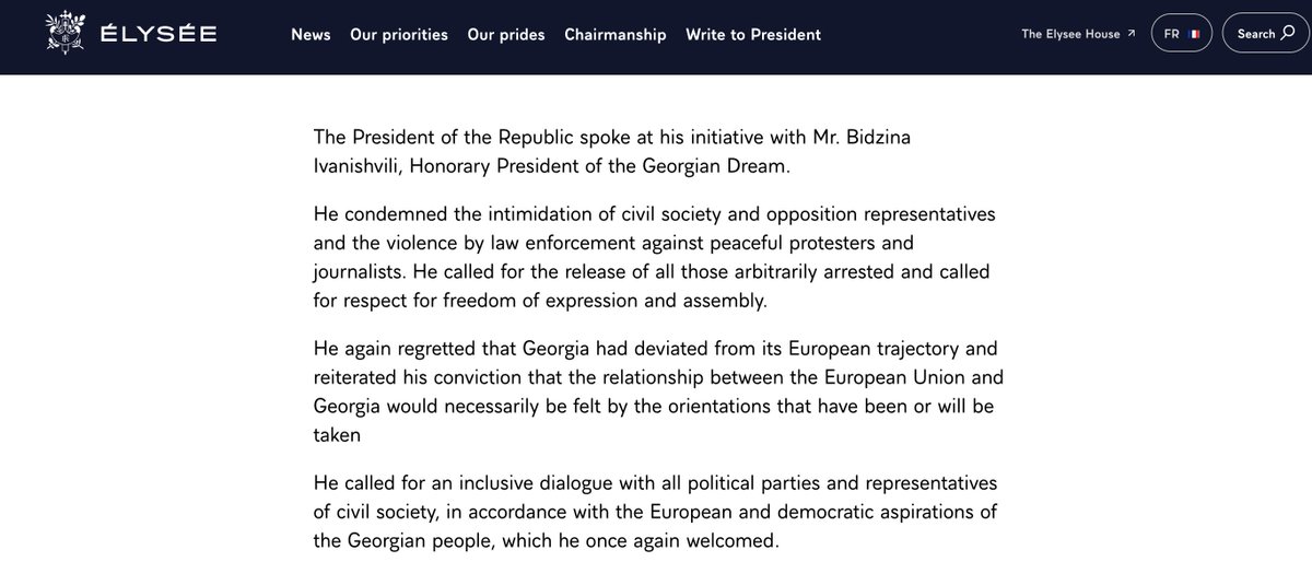 El @Elysée confirmó una llamada entre @EmmanuelMacron y Bidzina Ivanishvili, durante la cual Macron instó a Ivanishvili a liberar a todas las personas detenidas arbitrariamente durante las protestas.