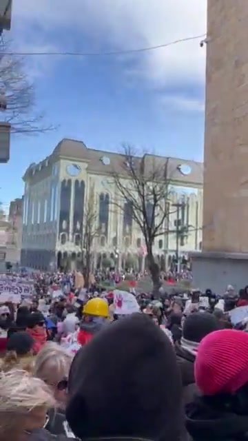 Let go - it's my kid. - Mothers' March participants chant as they arrive at Parliament. Line inspired by violent arrests of young protesters in November-December, sometimes in presence of their mothers. March to continue to Orbeliani Presidential Palace.