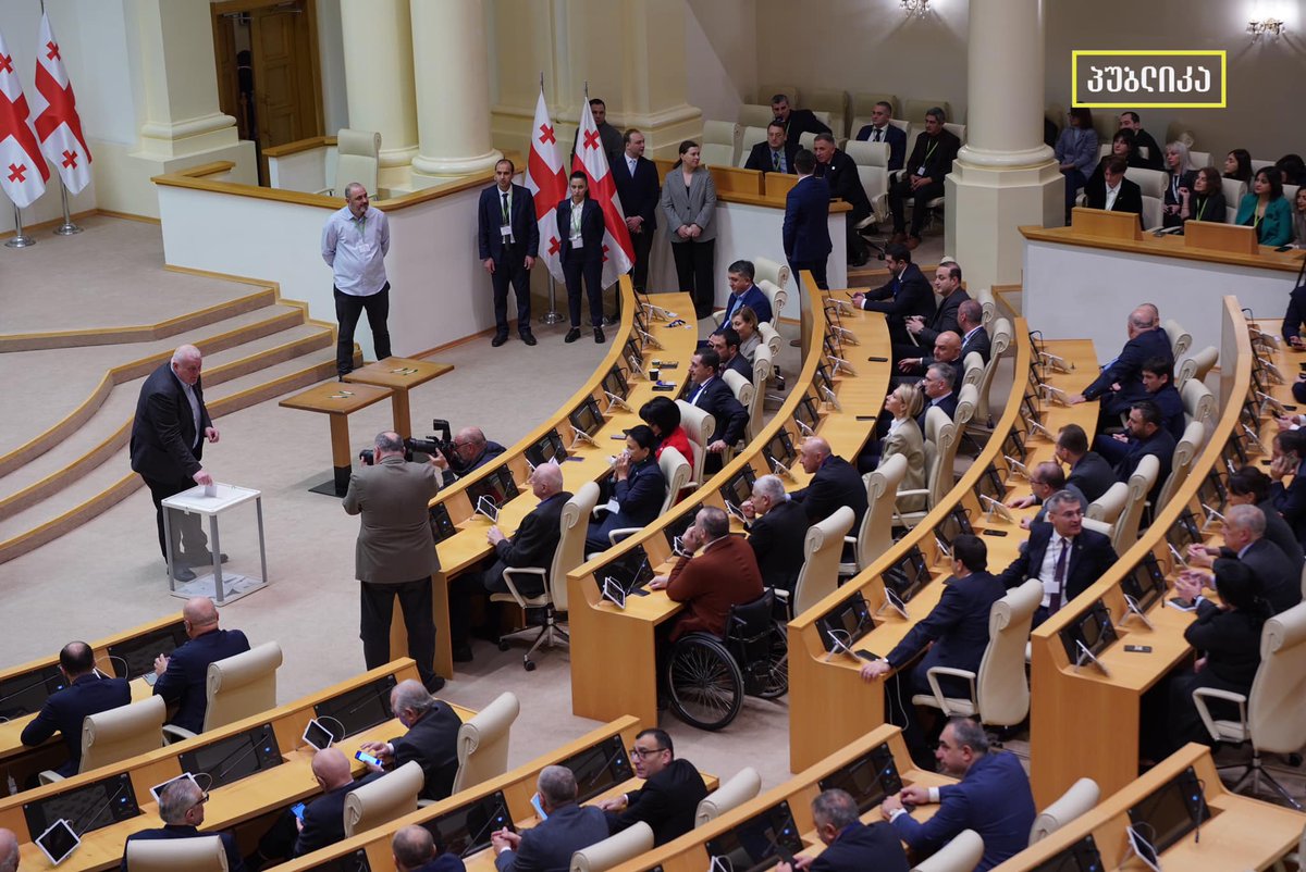 Georgian Dream is holding the presidential election, with the only candidate being GD-nominated former football player and MP Mikheil Kavelashvili, who has only completed school-level education The process began at 09:00 in the Parliament building