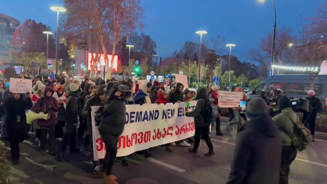 Election observers are marching on Rustaveli avenue: “Observers against the government. You can't fool us, we saw everything with our own eyes.”“We demand new elections,” their banner says