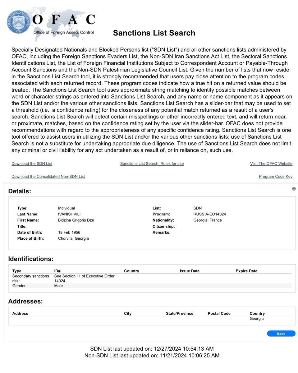 Georgia’s oligarch Bidzina Ivanishvili has been sanctioned under OFAC’s SDN List pursuant to Executive Order 14024, targeting Russian Harmful Foreign Activities. The sanctions include the blocking of all property and interests in property within the United States or under U.S. jurisdiction, including assets that may come under U.S. control in the future. Additionally, his ability to transfer funds or other assets instantaneously has been blocked.