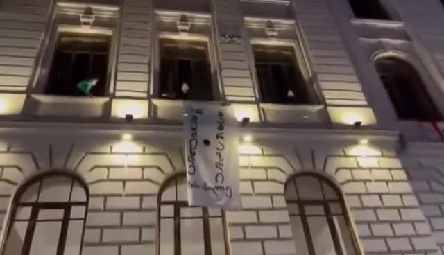 In protest, students are spending nights in Tbilisi State University. Today, they unfurled a protest banner with the inscription: Don’t be scared, get angry, fight.