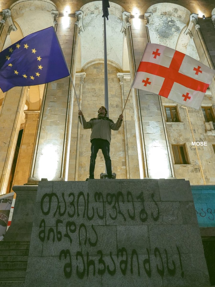 Day 306 of Georgia Protests. In Tbilisi, the flags of Moldova and Ukraine were flown alongside the Georgian and EU flags