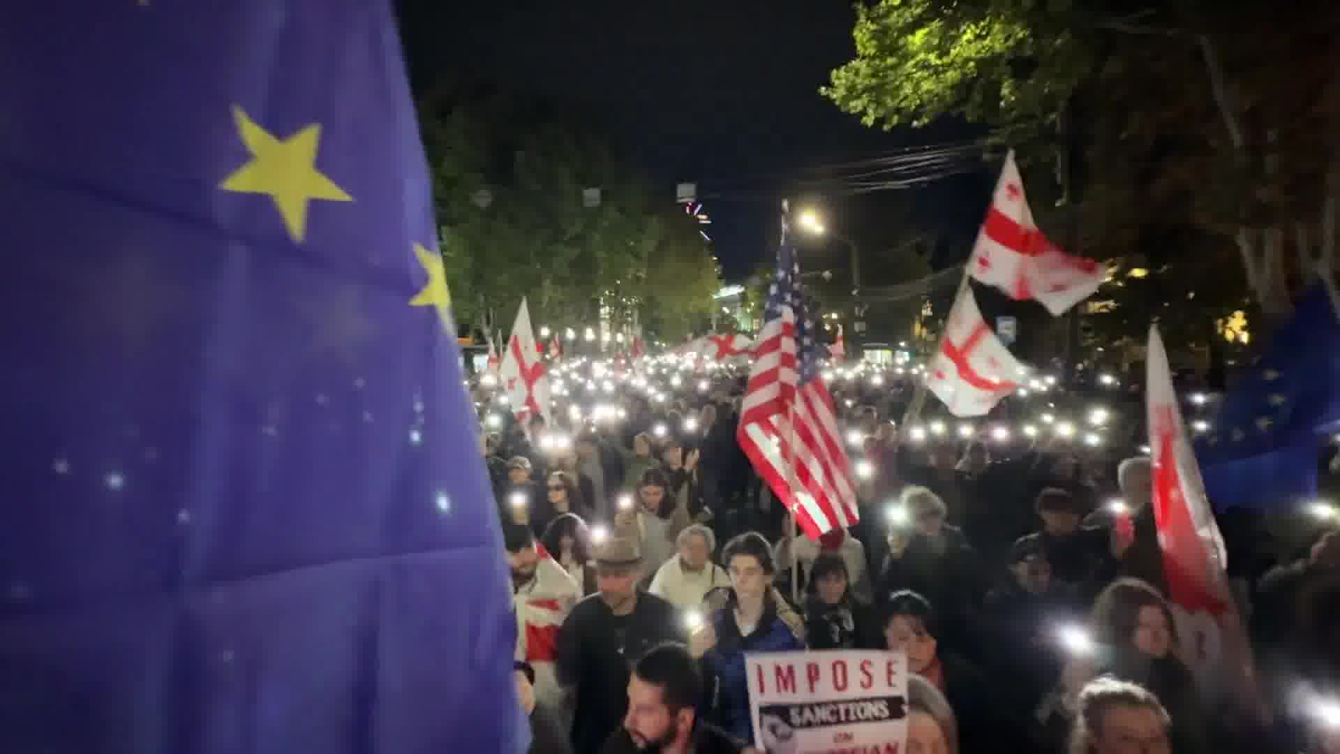 Protesters have arrived on Rustaveli Avenue after marching from Republic Square, marking the 333rd consecutive day of non-stop Georgia Protests.