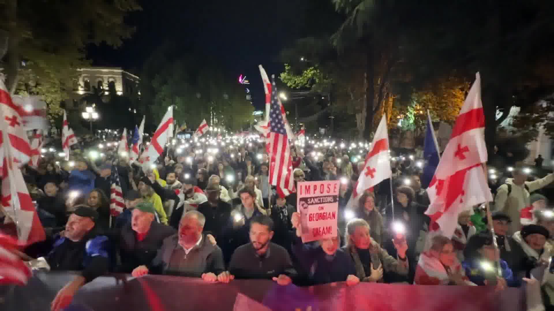 Protesters have arrived on Rustaveli Avenue after marching from Republic Square, marking the 333rd consecutive day of non-stop Georgia Protests.