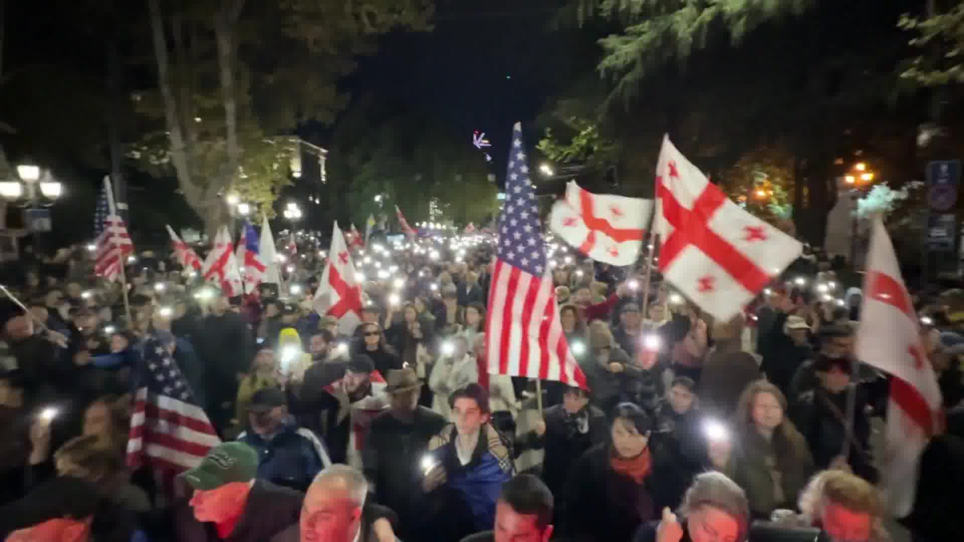 Protesters have arrived on Rustaveli Avenue after marching from Republic Square, marking the 333rd consecutive day of non-stop Georgia Protests.
