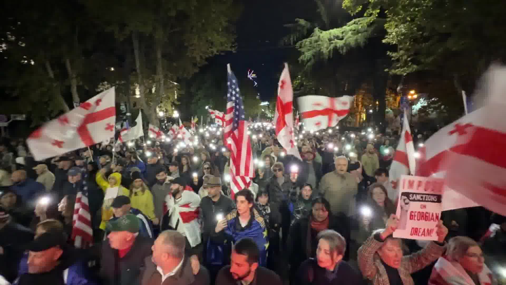 Protesters have arrived on Rustaveli Avenue after marching from Republic Square, marking the 333rd consecutive day of non-stop Georgia Protests.