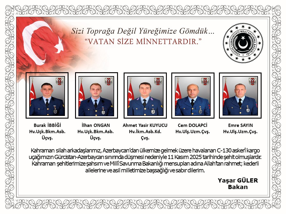 The Ministry of National Defense of Turkiye announced that C-130 military cargo plane, which took off from Azerbaijan to our country, crashed on the Georgia-Azerbaijan border and 20  soldiers were killed