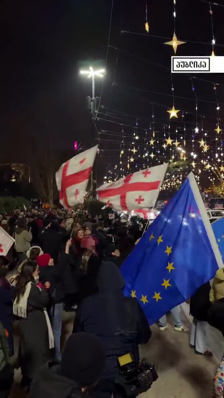 Protesters on Rustaveli Avenue today, December 17. Georgian Dream adopted a new law that prohibits “blocking sidewalks.” Police officers are warning protesters to “free the pavement.”
