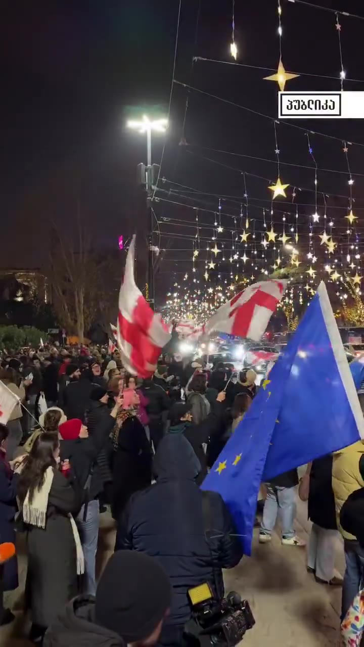 Protesters on Rustaveli Avenue today, December 17. Georgian Dream adopted a new law that prohibits “blocking sidewalks.” Police officers are warning protesters to “free the pavement.”
