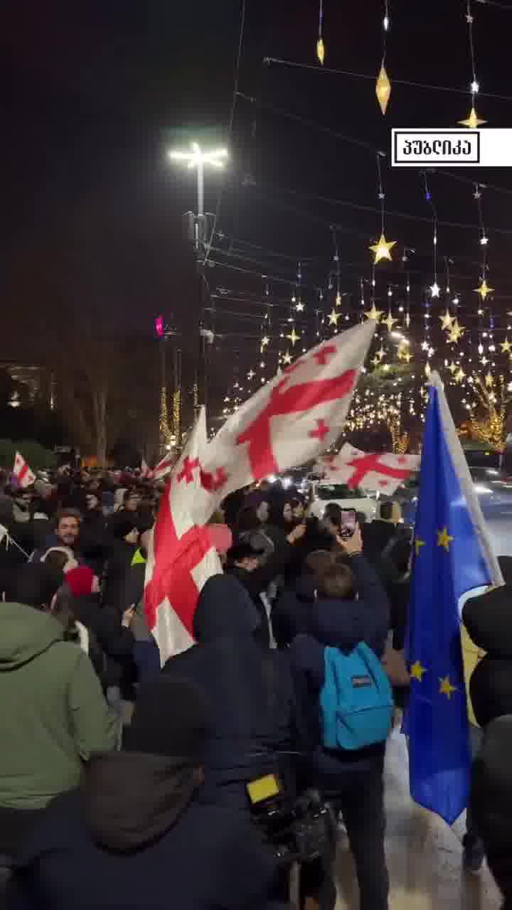 Protesters on Rustaveli Avenue today, December 17. Georgian Dream adopted a new law that prohibits “blocking sidewalks.” Police officers are warning protesters to “free the pavement.”
