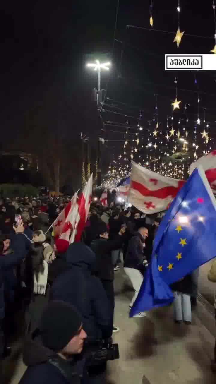 Protesters on Rustaveli Avenue today, December 17. Georgian Dream adopted a new law that prohibits “blocking sidewalks.” Police officers are warning protesters to “free the pavement.”