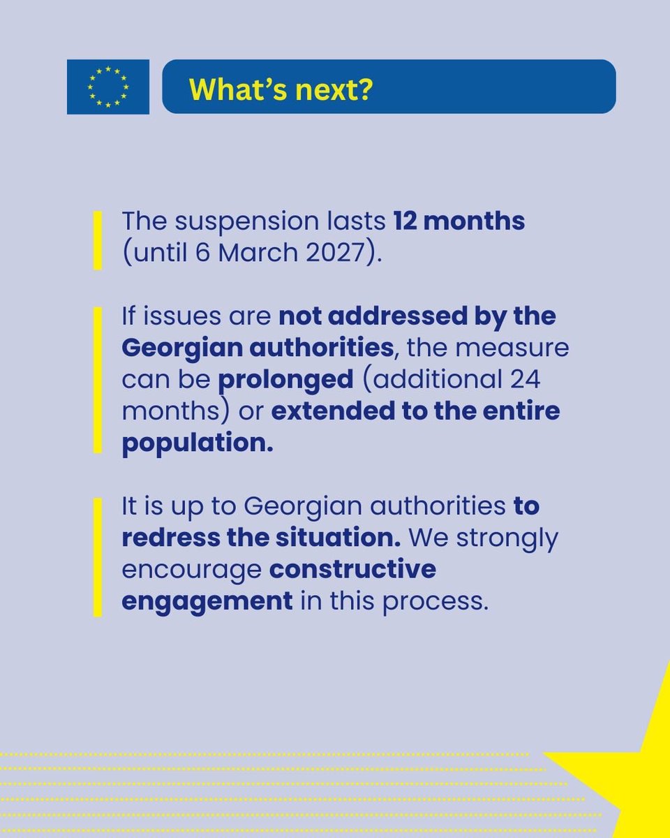 EU Suspended visa-free travel for holders of Georgia diplomatic, service and official passports. EU: Georgia has ignored EU recommendations and violated its commitments. Violations have consequences. It's up to Georgian authorities to redress the situation