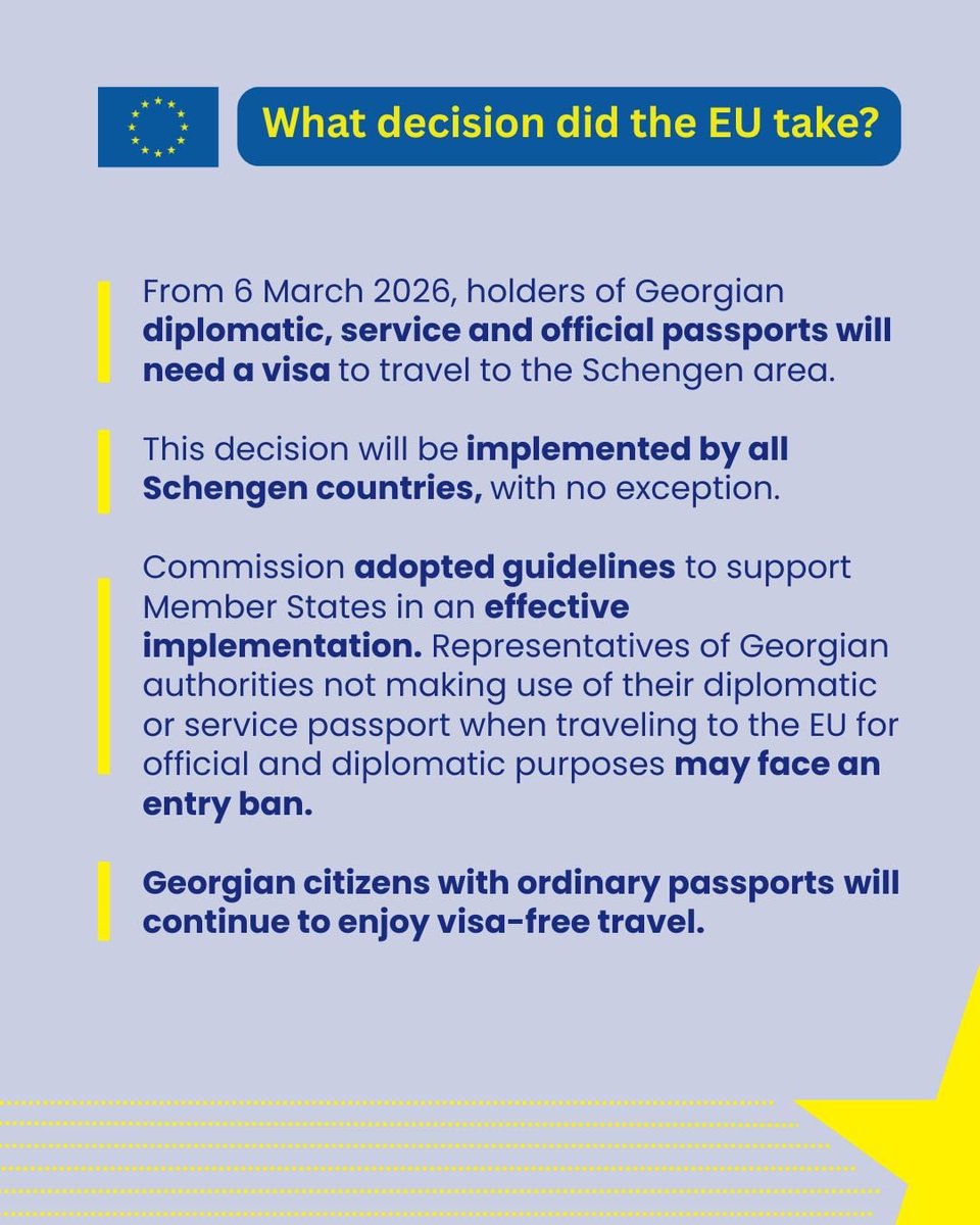 EU Suspended visa-free travel for holders of Georgia diplomatic, service and official passports. EU: Georgia has ignored EU recommendations and violated its commitments. Violations have consequences. It's up to Georgian authorities to redress the situation