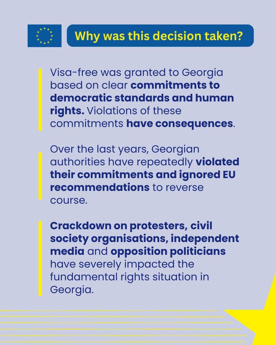 EU Suspended visa-free travel for holders of Georgia diplomatic, service and official passports. EU: Georgia has ignored EU recommendations and violated its commitments. Violations have consequences. It's up to Georgian authorities to redress the situation