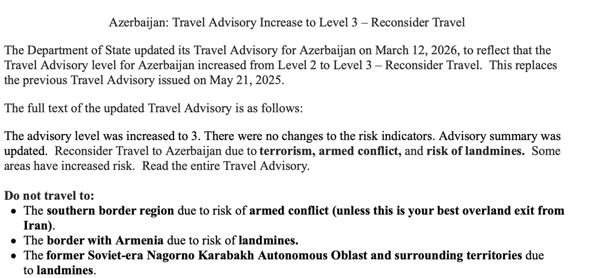 State Department updates its travel advisory for Azerbaijan to Level 3- Reconsider Travel
