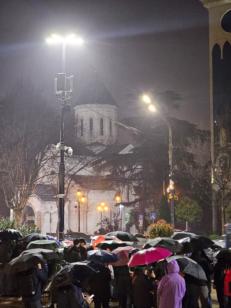 Day 483 of daily, uninterrupted, nationwide protests in Georgia. Rustaveli Avenue, with the Kashveti church in the background