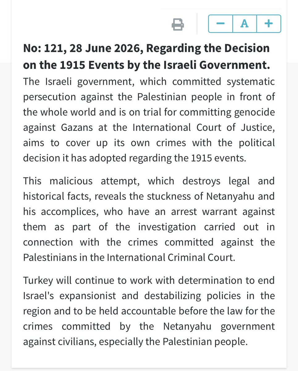 Turkey responds to Israel's recognition of the Armenian Genocide, Israel is on trial for committing genocide against Gazans at the International Court of Justice, aims to cover up its own crimes with the political decision it has adopted regarding the 1915 events